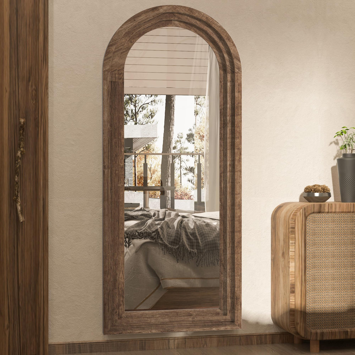 CASSILANDO Full Length Mirror Arched 65"x24" Wood Wall Full Length Distressed Large Floor Mirror for Living Room, Bedroom, Entrance.(Coffee) CASSILANDO