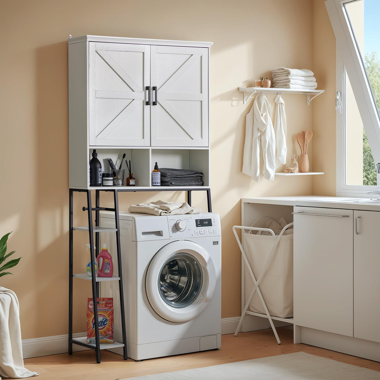 JUMMICO Over The Toilet Storage Cabinet, Bathroom Organizer with Adjustable Shelf, Toilet Organizer with 2 Barn Doors, Space Saver for Bathroom, Laundry, White JUMMICO