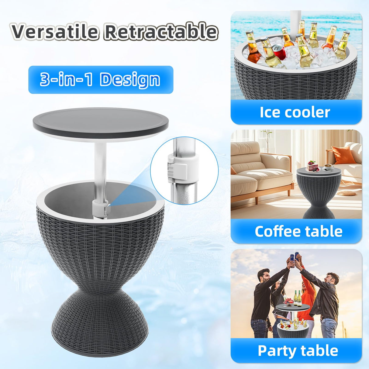 SHAREWIN Outdoor Cooler Table, Height-Adjustable Patio Bar Tables 8 Gallon Beer and Wine Cooler, 3-in-1 Rattan Style Ice Bar with Drainage Plug for Pool Party (Black) SHAREWIN