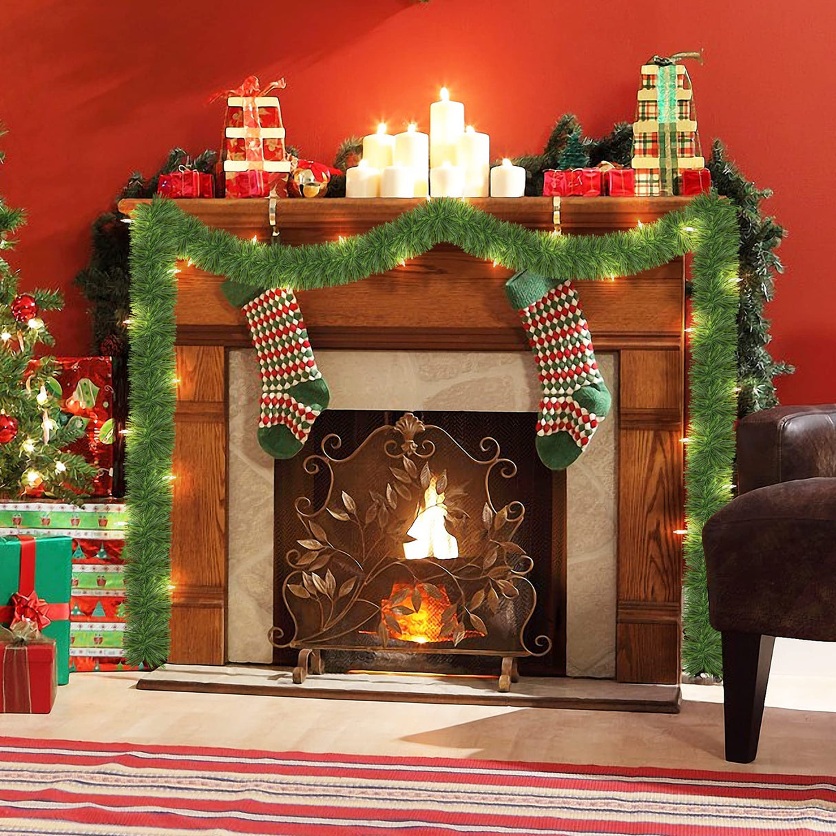 WATERGLIDE 49FT Lighted Christmas Green Garland with 100 Count Clear String Lights, Pre-lit Long Artificial Greenery Garlands, Plug in Holiday Decorative Lights for Indoor Outdoor Decor WATERGLIDE