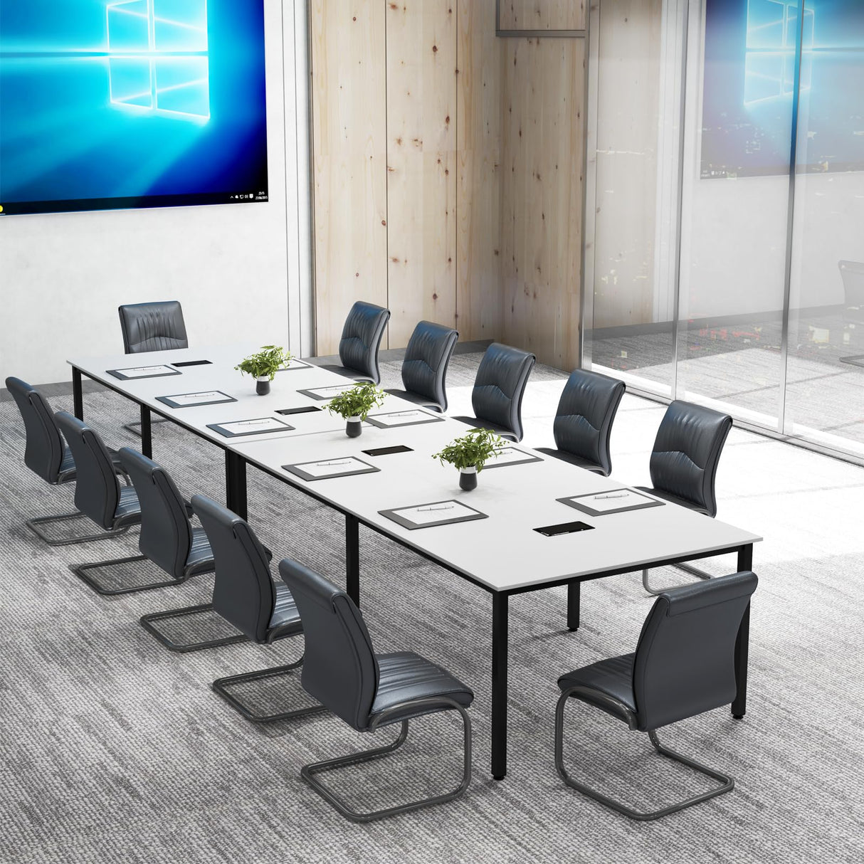 Tangkula 8 FT Conference Table, 95" x 48" Rectangle Office Computer Desk with Heavy-Duty Metal Frame, 2 Cable Grommets, Modern Seminar Table for Meeting Room, Boardroom (White,2) Tangkula