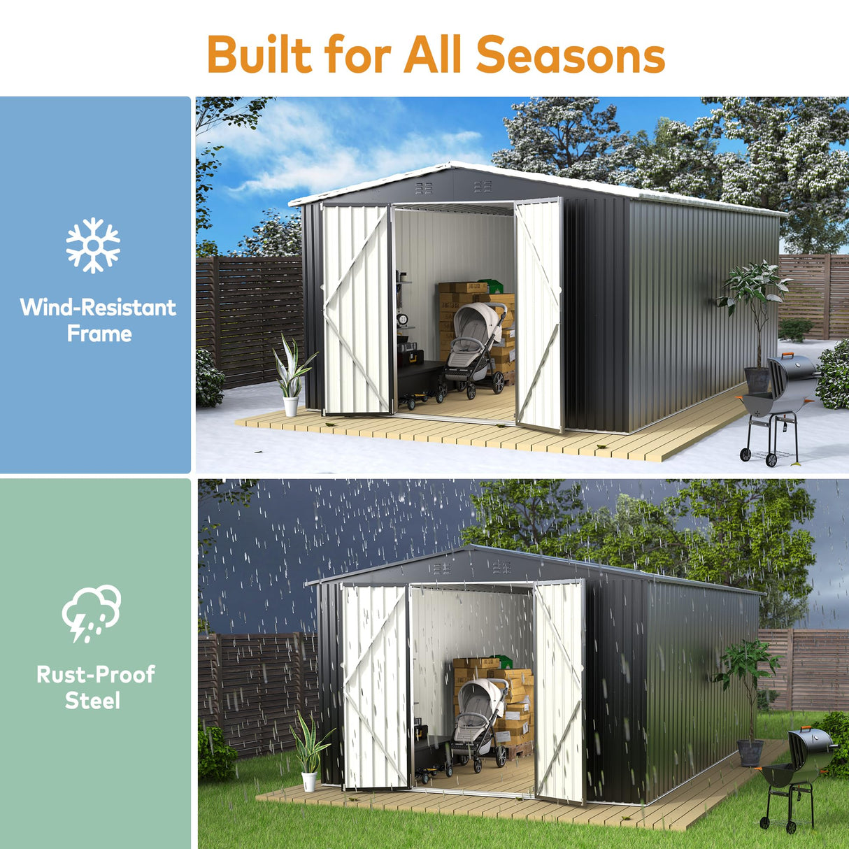 EASYHAWK 10 x 14 FT Outdoor Storage Shed, Metal Waterproof Storage Shed Steel Utility Garden Tool Shed with Door & Lock Outdoor Storage,All-Weather Shelter for Bike, Gardening Tools, Lawn Mowers EASYHAWK
