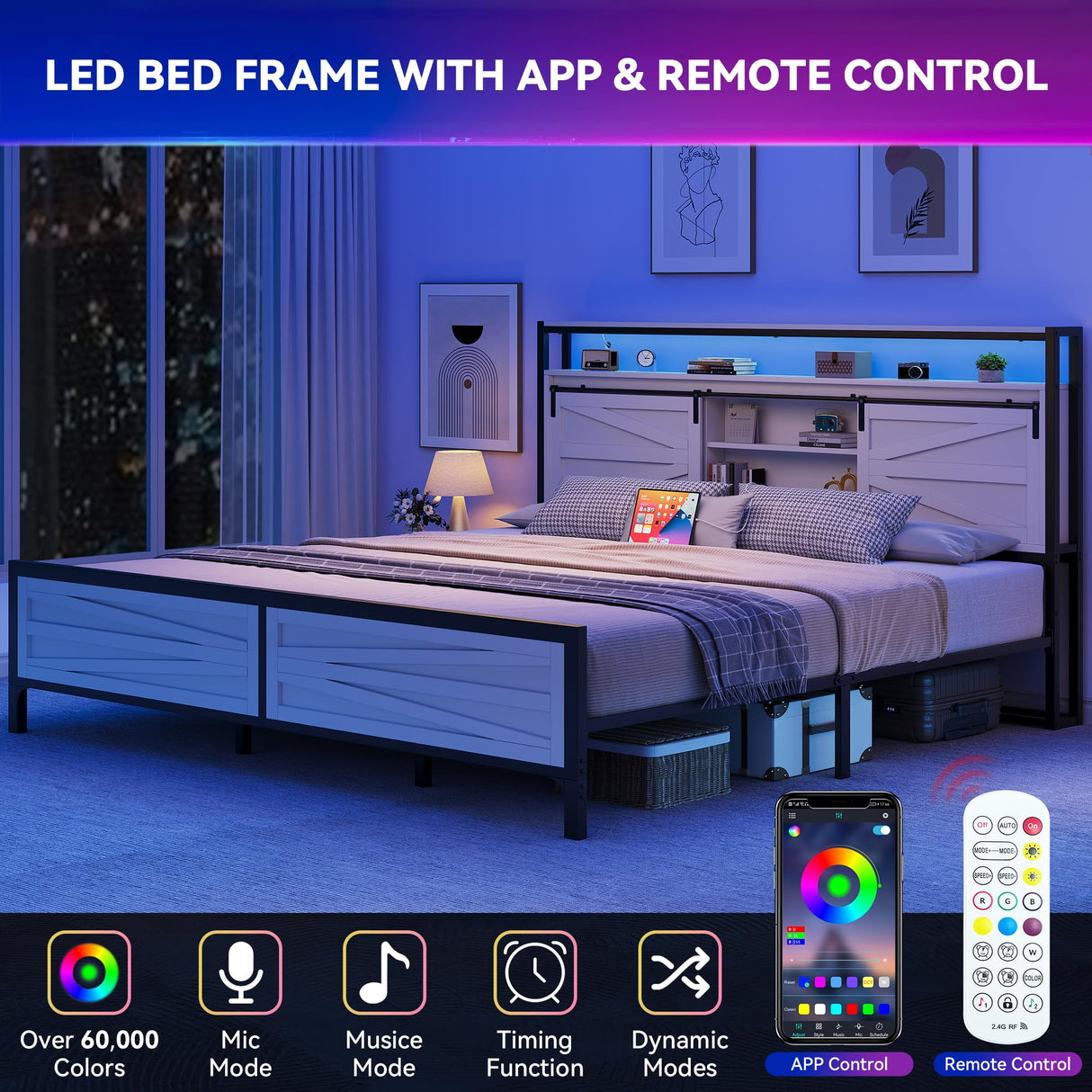 DWVO Farmhouse King Bed Frame with Headboard, Platform Bed with LED Lights and Charging Station, Sliding Barn Door, Solid Metal Slats, No Box Spring Needed (White) DWVO