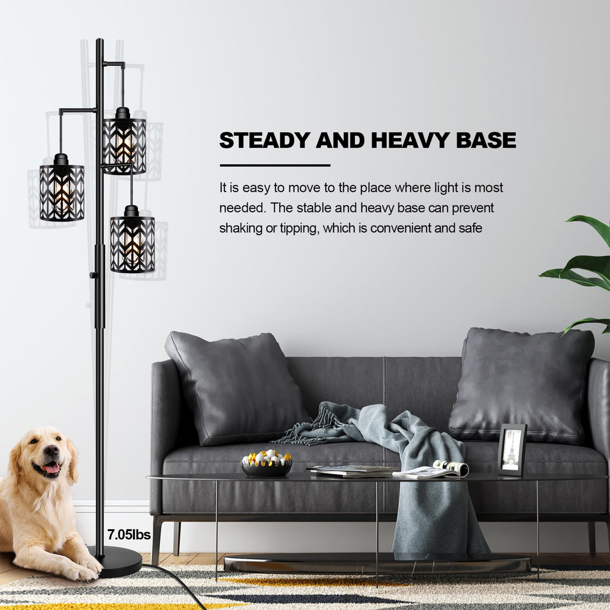 ROTTOGOON Dimmable Floor Lamp, Industrial Standing Floor lamp for Living Room, Tall Farmhouse Rustic lamp with 3 LED Bulbs, Tree Floor Lamp for Bedrooms, Living Room, Home Office, Metal, Black, 68" ROTTOGOON