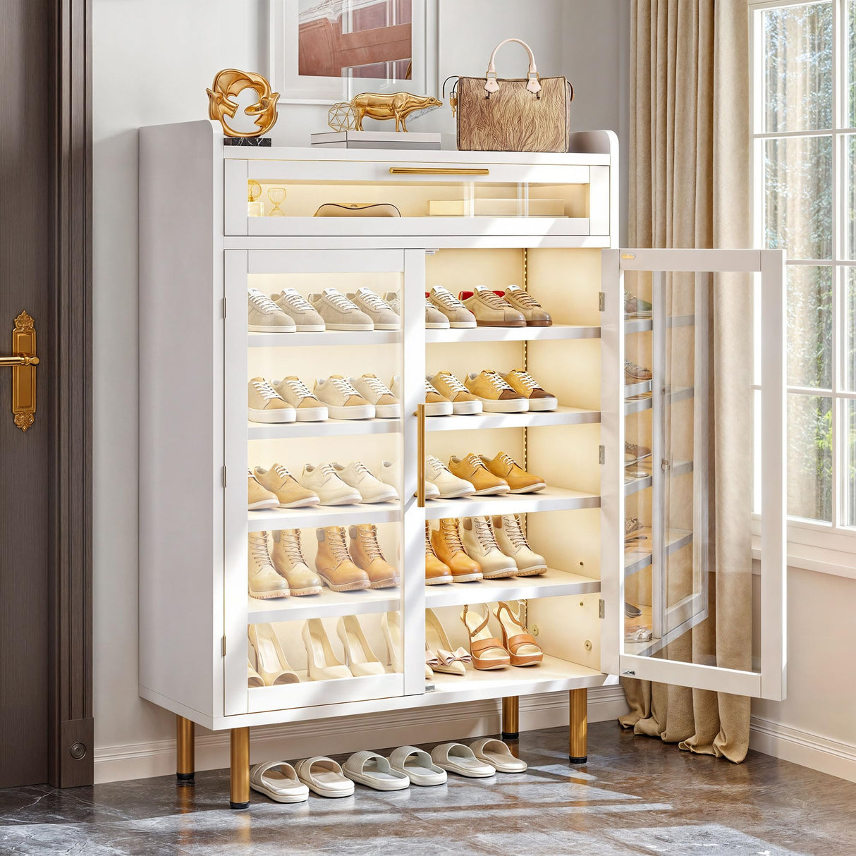 YITAHOME Shoe Cabinet Entryway, Modern Shoe Storage Wooden with Drawer and LED Lights, Freestanding Shoe Organizer Narrow Farmhouse Shoe Cabinet for Living Room, White-LED YITAHOME