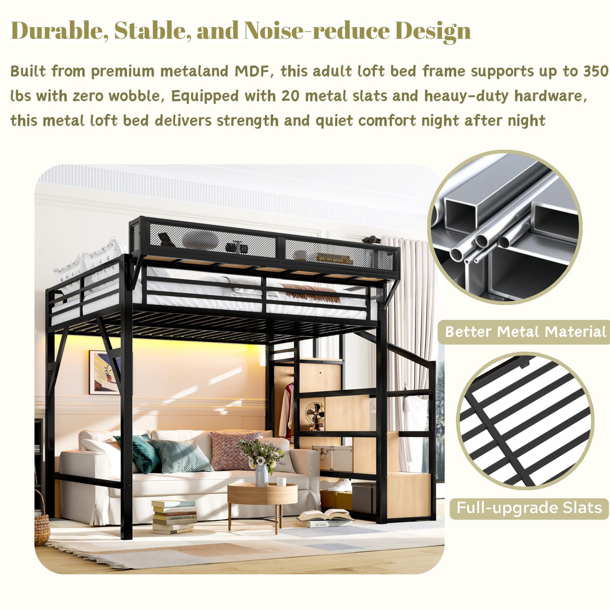 Queen Loft Beds with Storage Beside Shelves and Wardrobe, Metal Loft Bed Queen with LED Lights and USB Ports, Heavy-Duty Loft Bed Frame for Teens, Adults, Noise-Free & Space-Saving, Black Bellemave