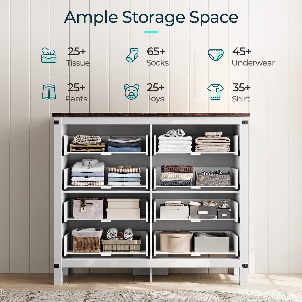 LINSY HOME Farmhouse 8 Drawer Double Dresser for Bedroom, 50” Wide Rustic Wood Chest with Deep Drawers, Modern Dressers with Storage and Metal Handles for Closet, Living Room, Hallway, Off White LINSY HOME