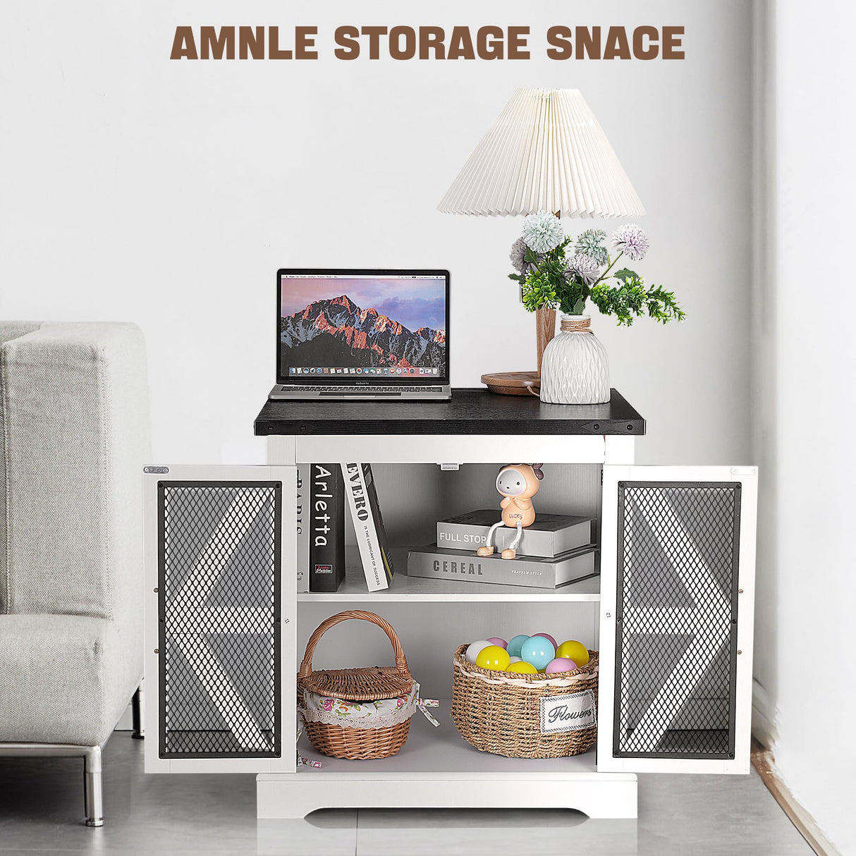 Decofy Farmhouse End Table with Storage Cabinet, 24" Large Sofa Side Table, Industrial Farmhouse Side Table for Living Room, Square Top with Power Outlet, Adjustable Shelves(White) Decofy