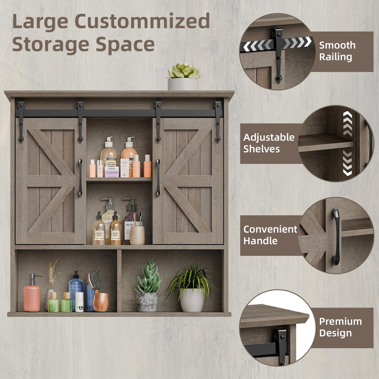 Vabches Bathroom Wall Cabinet, Farmhouse Wooden Medicine Cabinet with Double Sliding Barn Door and Adjustable Shelves, Farmhouse Storage Cabinet Wall Mounted for Bathroom, Kitchen Dining, Washed Oak Vabches