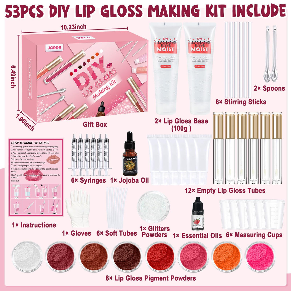 JCOOS Diy Lip Gloss Kit, Lip Gloss Making Kit, LipGloss Making Kit Make Your Own Lip Gloss Making Supplies, Shimmery LipGloss Base, Empty Tubes, Jojoba Oil, Women Teen Girl Gifts Trendy Stuff Jcoos