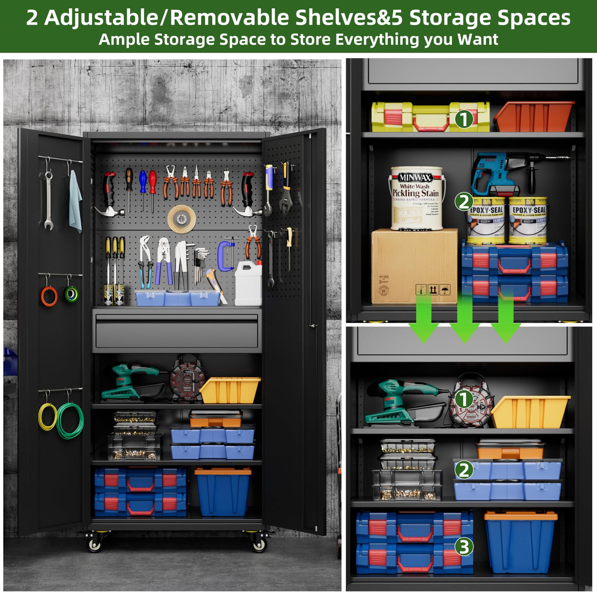 Reemoon 71" H Metal Garage Storage Cabinet with Wheels and Doors,Rolling Tool Storage Cabinet with Pegboard and Drawer for Garage Warehouse Home,Required Assembly,Black Reemoon