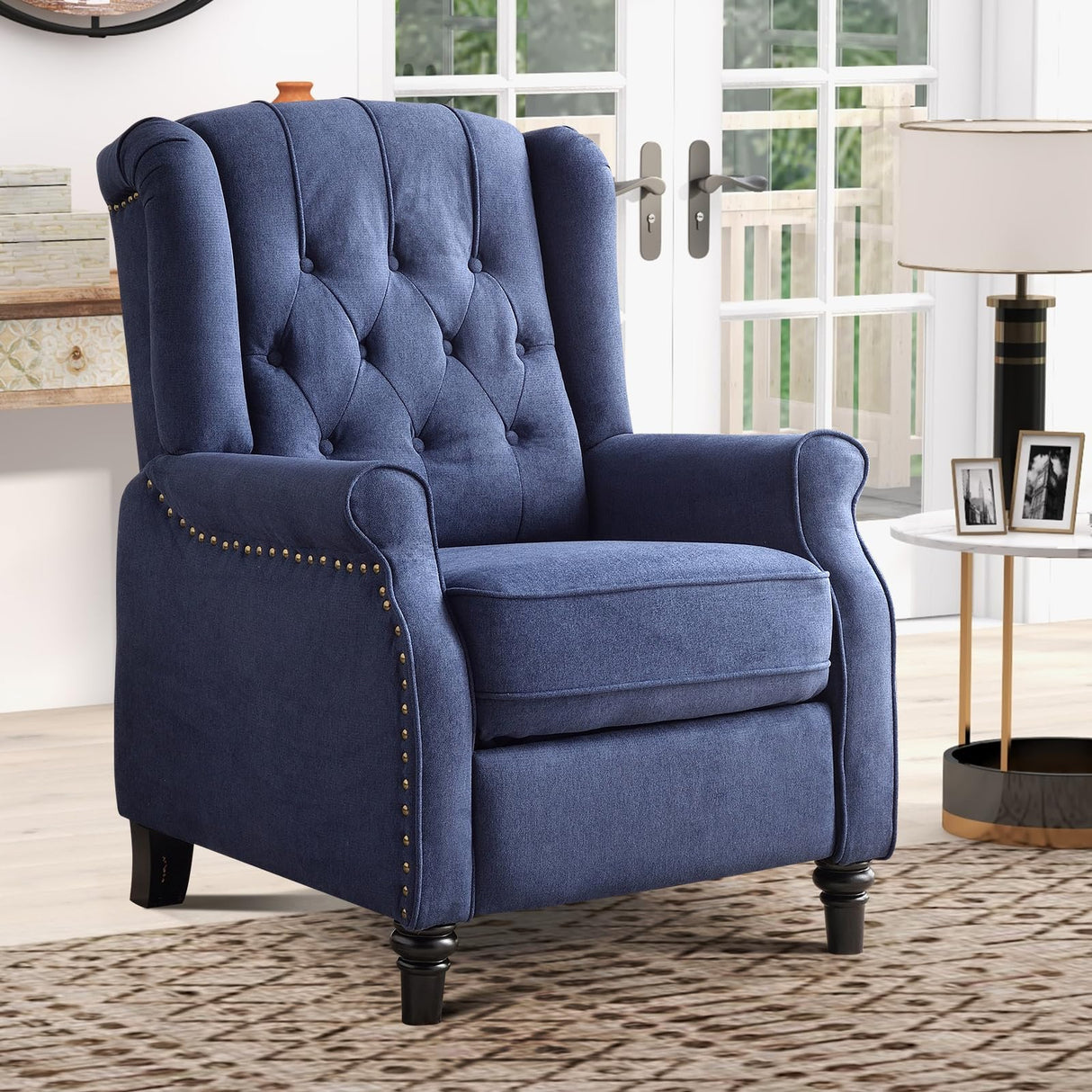 IOMOR Push Back Recliner Chair Fabric Lounge Armchair Pushback Recliner with Rivet Decoration Wingback Single Sofa Chair with Padded Seat for Living Room, Bedroom (1, Navy) IOMOR