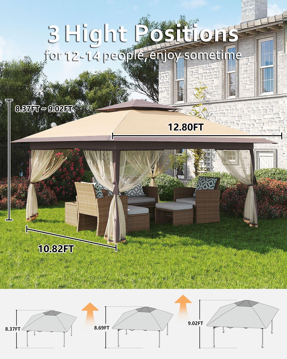 Garveelife Canopy Tent 13x13, Pop Up Gazebo Tent Easy Setupwith 4 Sand Bags for Backyard Garden Patio,Mosquito Netting & Height Adjustable - Khaki Garveelife