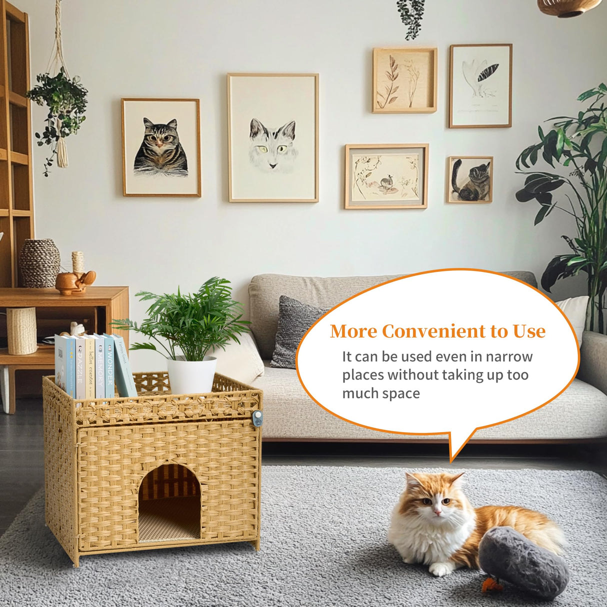 Yilucess Litter Box Enclosure Furniture Hidden with Cat Scratch Pad,Handwoven Rattan Cat House with Large Space,Suitable for Living Room,Bedroom,Corner (Grass Yellow) Yilucess