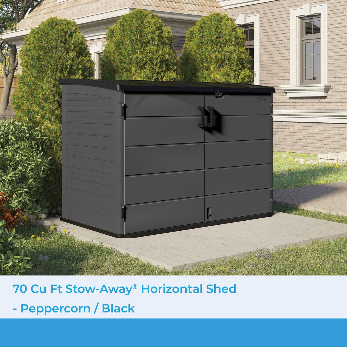 Suncast 70 Cu Ft Stow-Away Horizontal Outdoor Shed - Small Outdoor Storage Shed, Lockable & Weatherproof Resin Plastic, Fits Two 96-Gallon Trash Cans, Bikes, Lawn Mowers, or Garden Tools, Peppercorn Suncast