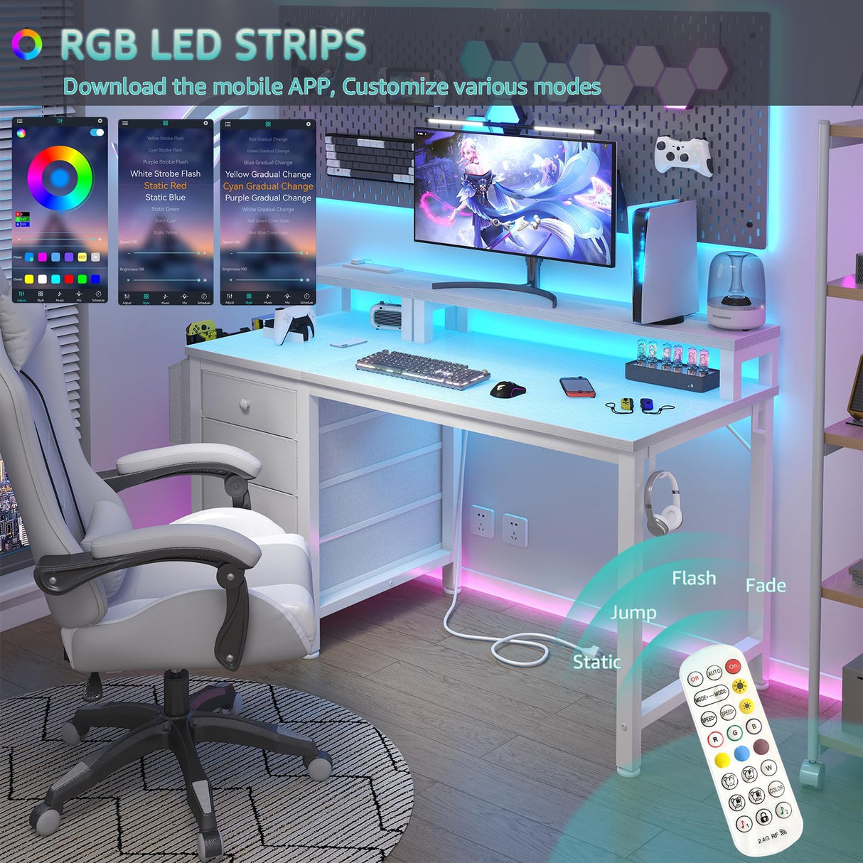 Lufeiya White Desk with 4 Drawers - 47 inch Gaming Desk with Monitor Stand, Computer Gaming Desk with LED Lights Power Outlets and Storage Bag Fabric Drawer for Home Office, Bedroom, White Lufeiya