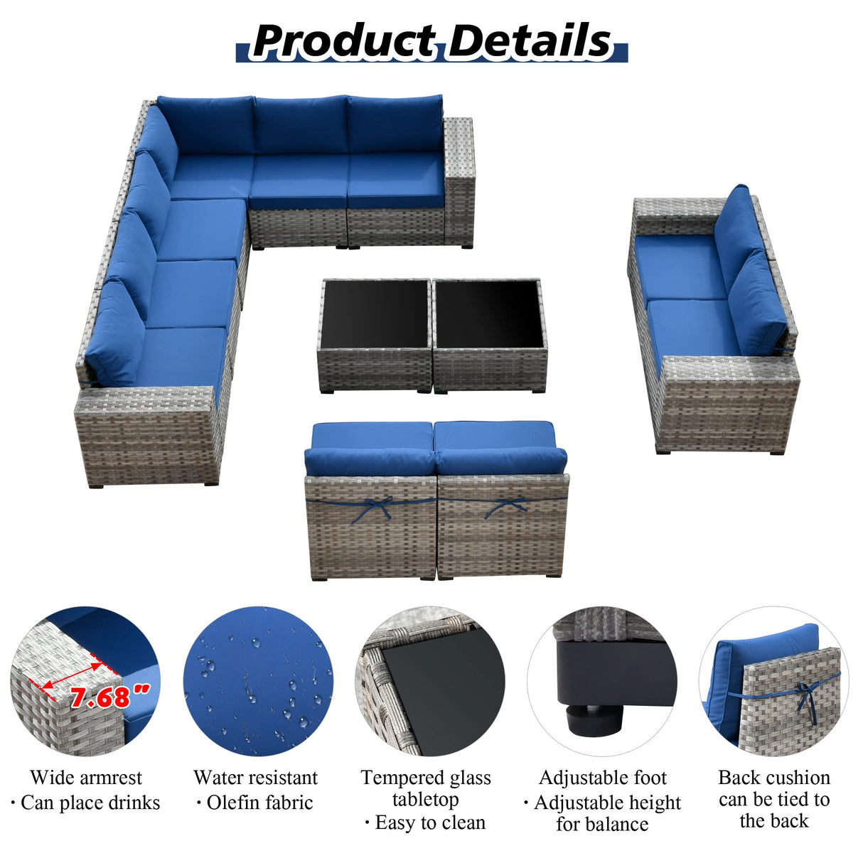HOOOWOOO Outdoor Patio Sectional Furniture Sofa Set with Widened Armrest,12 Piece Large Modern Wicker Couch,Modular L Shaped Conversation Seating Set with Table for Out Door Garden Corner(Navy Blue) HOOOWOOO