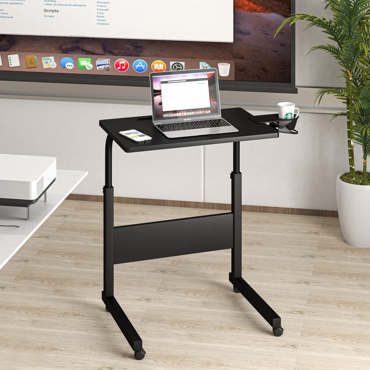 Klvied Standing Desk Adjustable Height, Stand Up Desk with Cup Holder, Portable Laptop Desk, Mobile, Small Computer Desk, Bedside Table, Black Rolling Desk, Work Desk for Home Office Klvied