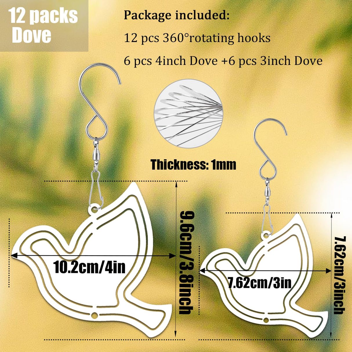 WindMage 12 Pack 3inch/4inch Sublimation Wind Spinner Blanks 3D Aluminum Metal Wind Sculpture Kinetic Spinners for Yard and Garden Indoor Art Sublimation Christmas Ornament Hanging Decoration (Dove) WindMage