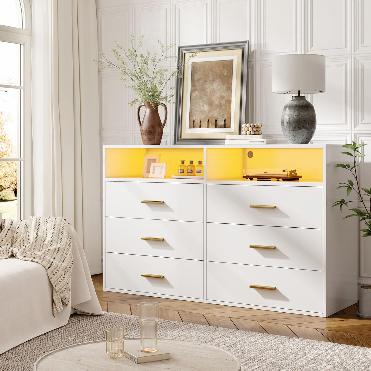 EnHomee 6 Drawer Dresser for Bedroom White Modern Dresser with LED Lights,Large TV Stand,Hallway,47.3" W x 39.4" H x 15.8" D, EnHomee