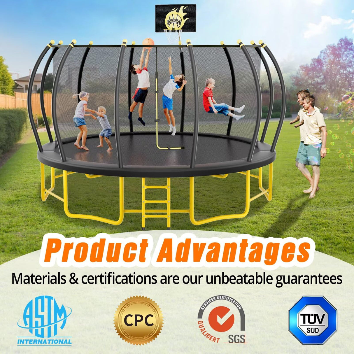 16FT Pumpkin Trampoline with Basketball Hoop, Balance Bar and Enclosure Net, Outdoor Trampoline for Kids and Adults, Capacity 1100 lbs JINS&VICO