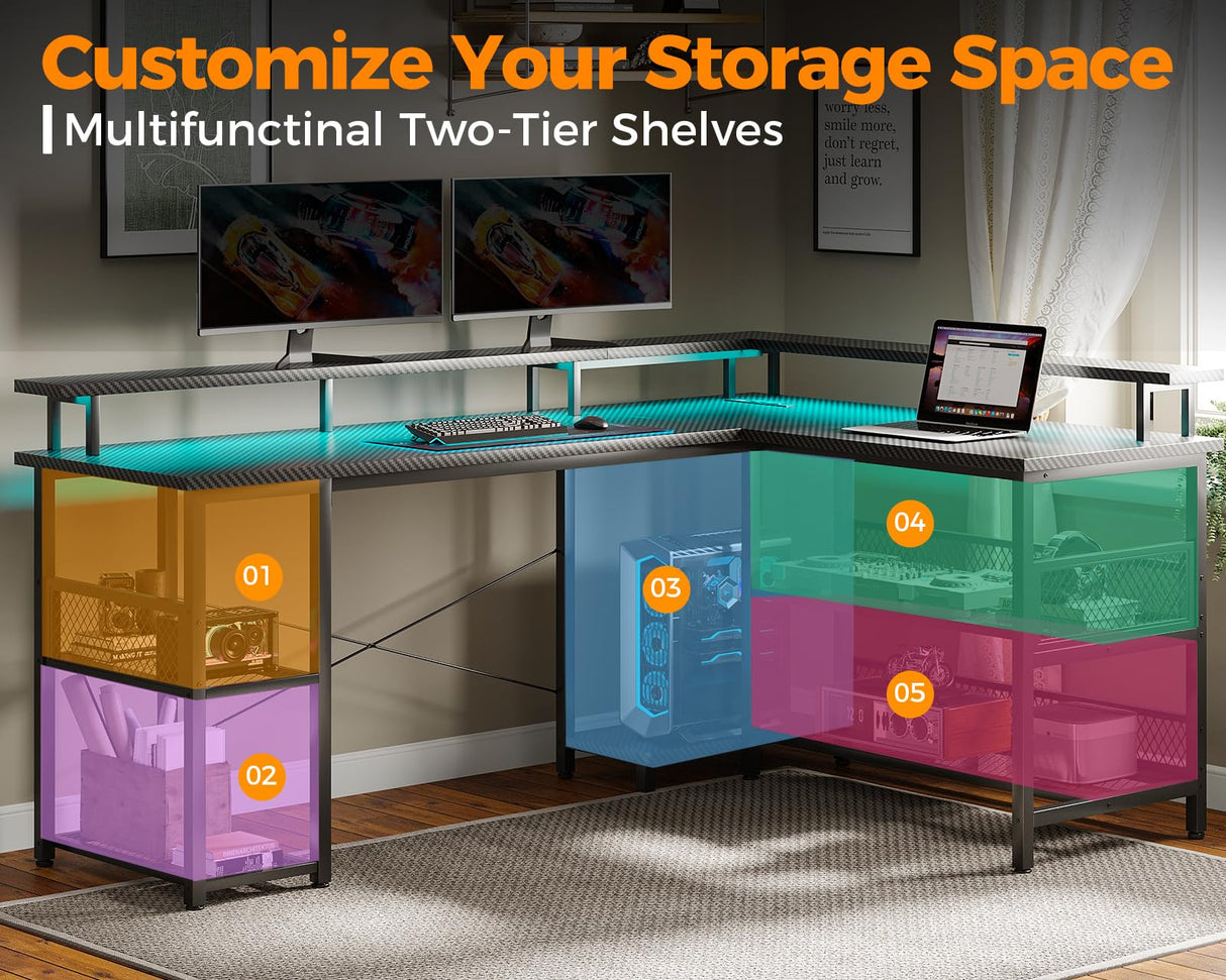 ODK 59" L Shaped Gaming Desk with LED Lights, Power Outlets, and Storage Solutions in Black Carbon Fiber ODK