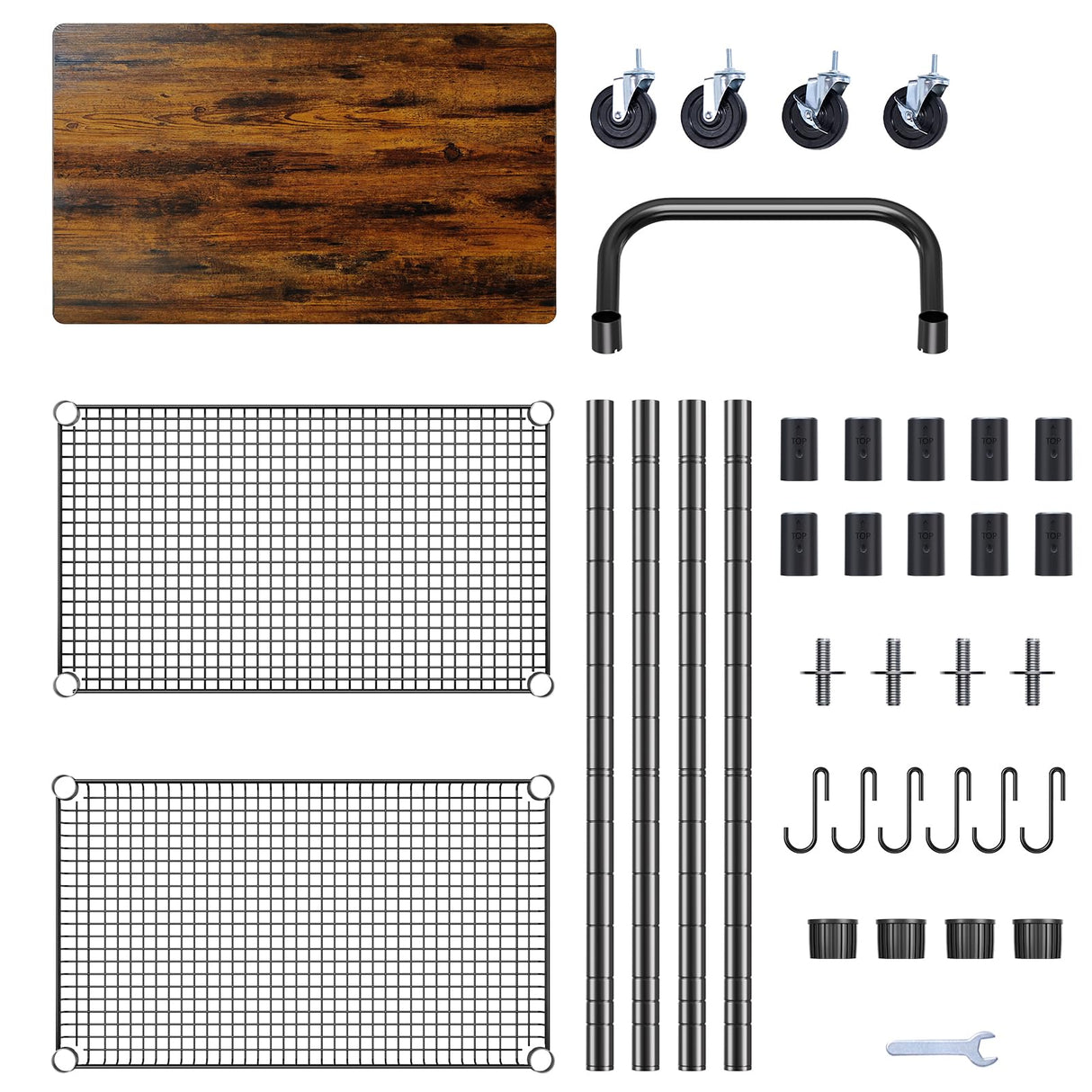 WDT 3 Tier Rolling Carts with Wheels, Heavy Duty Rolling Utility Cart with Wood Tabletop, Commercial Grade Metal Cart with Handle and Hooks, NSF Storage Serving Carts for Kitchen Island, Wood+Metal WDT