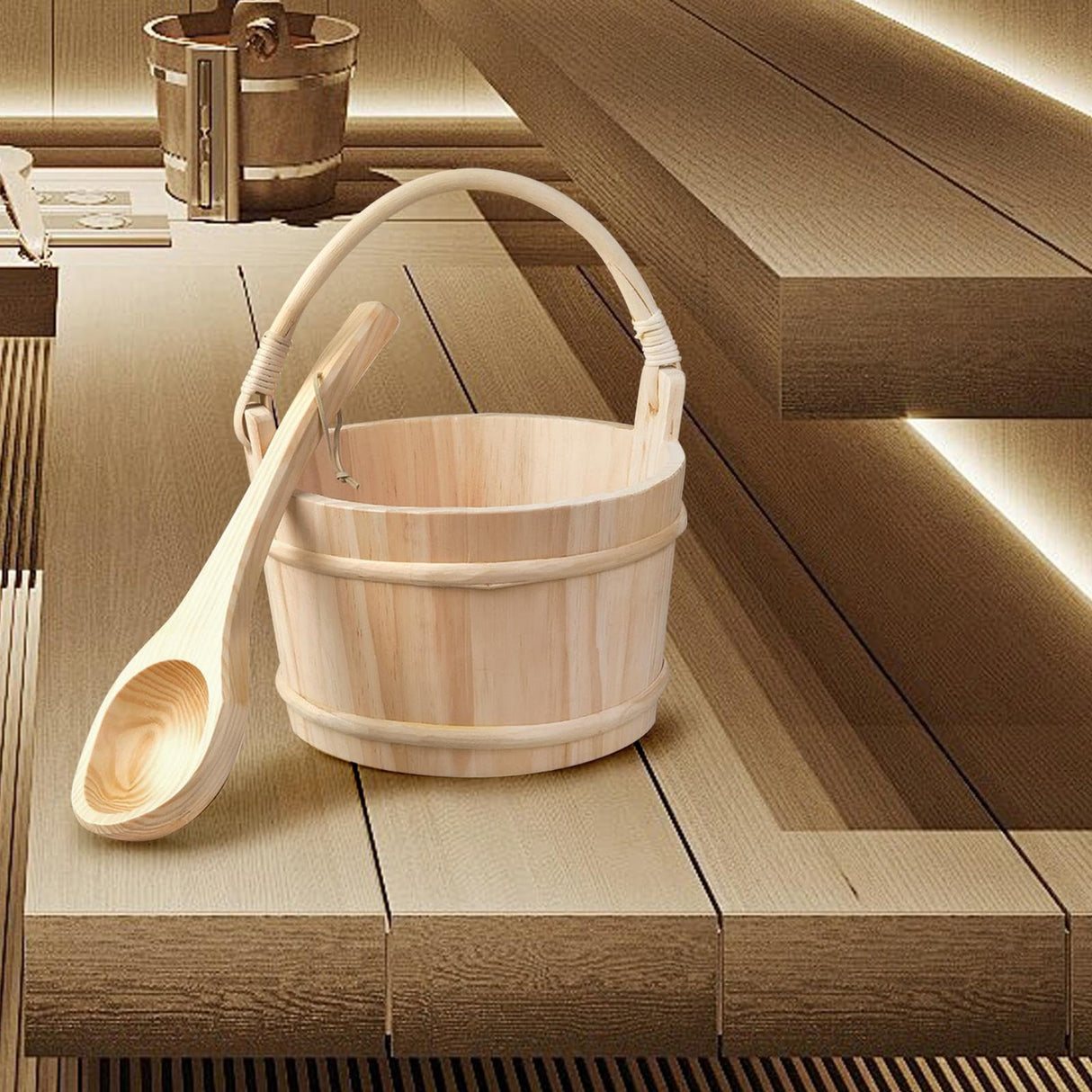 Sauna Bucket Wooden Ladle Bathing Pail Spoon Large Capacity Bath Accessories Barrel Tub Foot Spoon for Sauna Room Hotel Women Bothyi