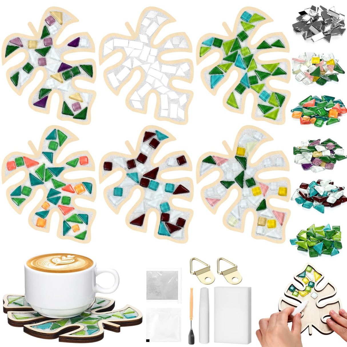 Honeydak 6 Sets DIY Leaves Glass Mosaic Tiles with 6 Sets Leaves Wooden Coasters Making Mosaic Crafts Materials Package Mixed Stained Glass Kit for Handmade Colourful Home Gifts Indoor Decor Honeydak