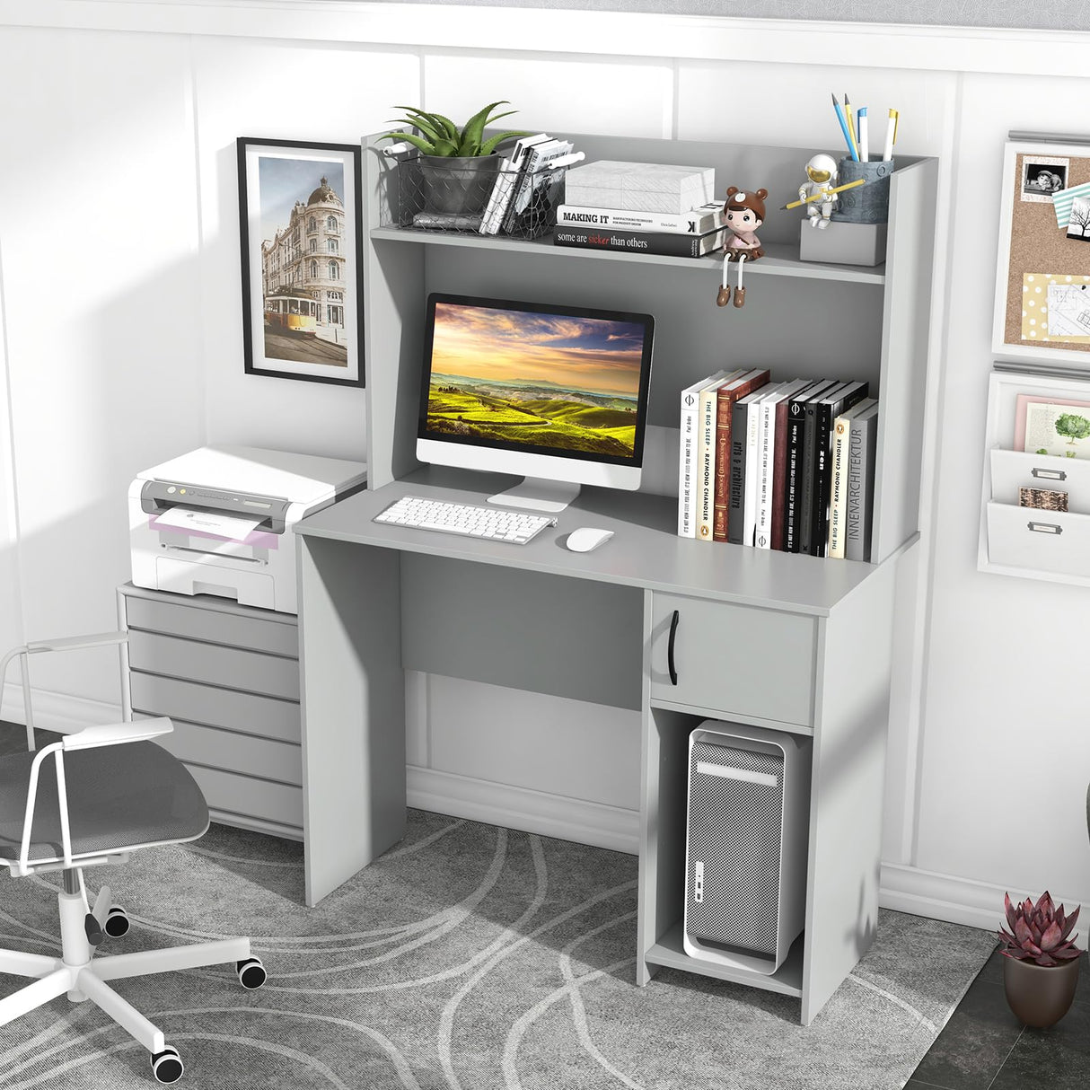 Tangkula Computer Desk with Hutch, Home Office Desk with Raised Display Shelf & 2 Open Shelves, Cabinet with Door, Cable Management Holes, Modern Laptop PC Desk, Study Writing Desk for Bedroom (Gray) Tangkula