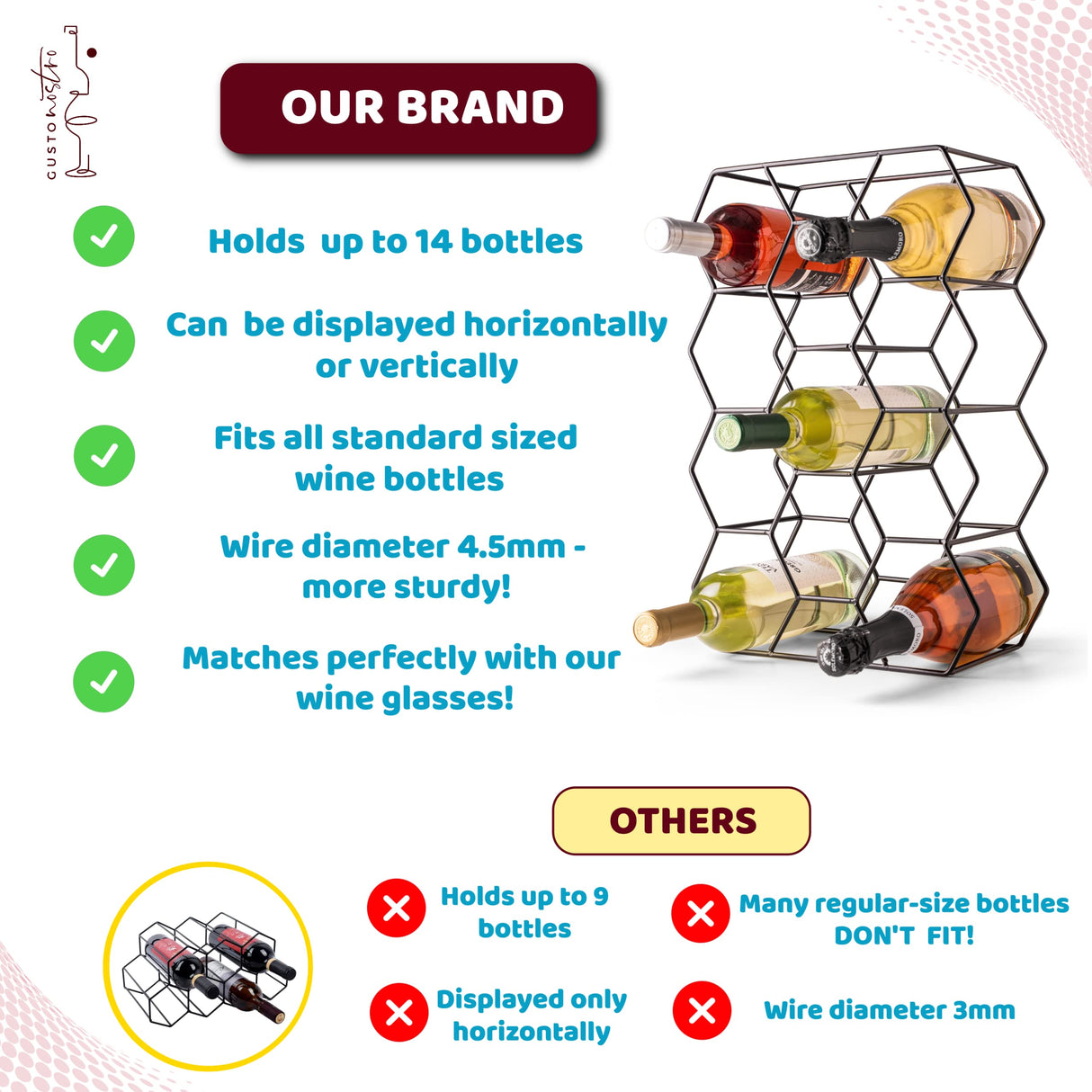 Gusto Nostro Countertop Wine Rack - 14 Bottle Freestanding Modern Black Metal Small - 3 Tier Tabletop Wine Holder Stand for Cabinet, Pantry - Wine Racks Countertop - No Assembly Required Gusto Nostro