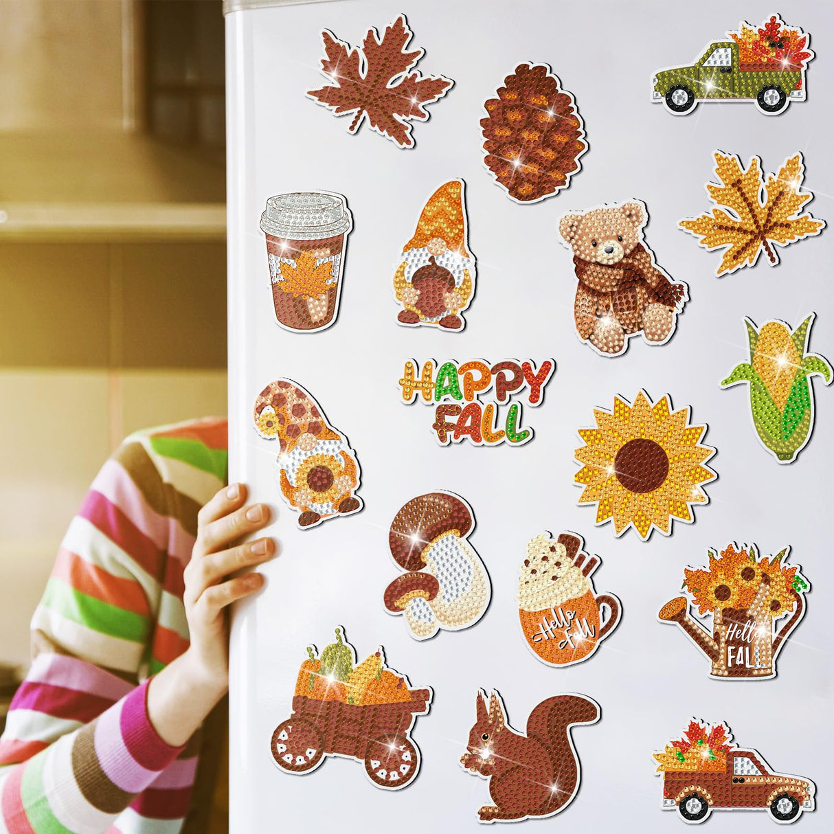 Copkim 30 Pcs Fall Diamond Art Magnets Kits DIY Autumn Pumpkin Maple Leaves Pine Nuts Diamond Painting Happy Fall Fridge Magnetic Stickers Gem Art Magnets for Beginners Holiday Decor Home Copkim