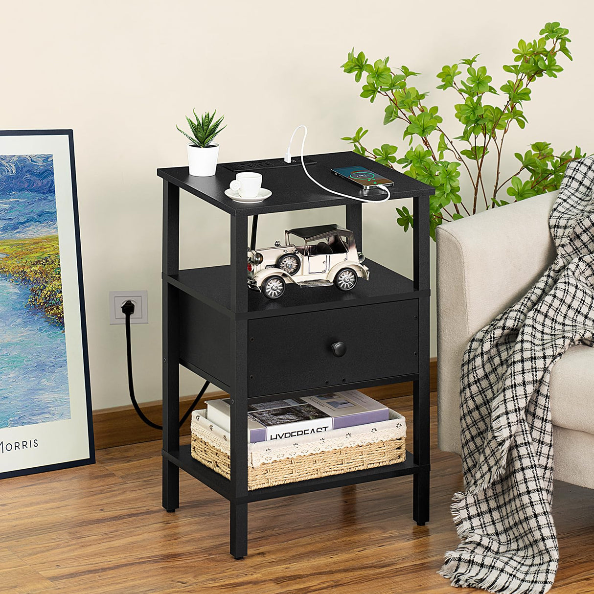 Lerliuo Nightstand with Charging Station and USB Ports, 3-Tier Storage End Table with Drawer Shelf, Night Stand for Small Spaces, Wood Bed Side Table for Living Room, Bedroom - Classic Black Lerliuo