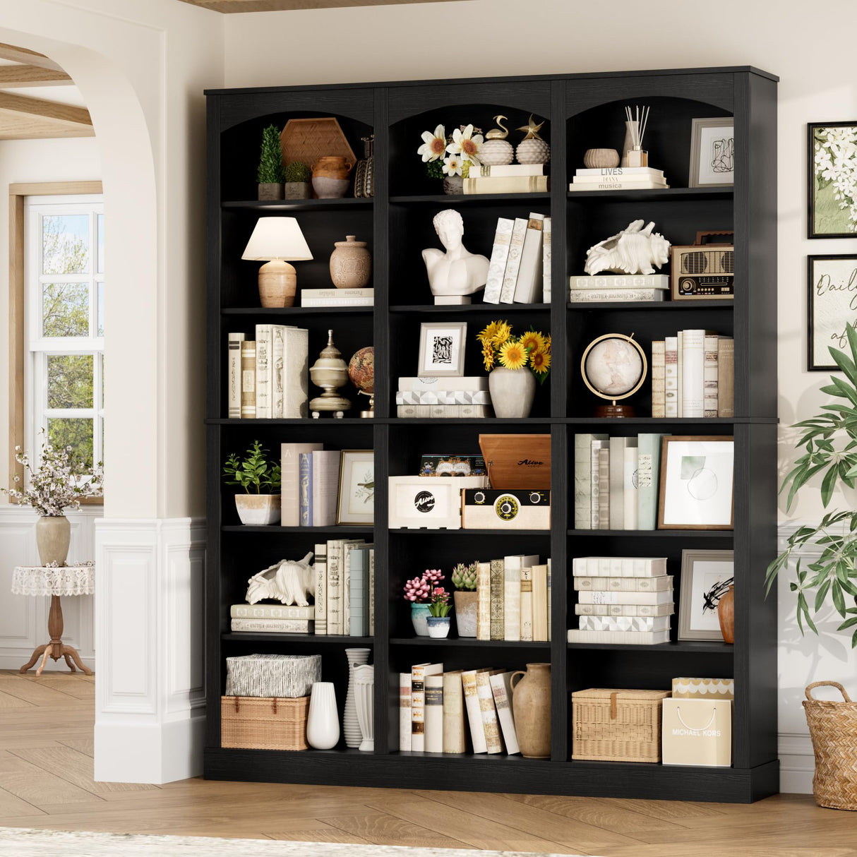 FACBOTALL 71" Triple Wide Bookshelf, 6 Tier Tall Bookshelf, Large Book Shelf with Curved Baffle, 63.4" Wide Bookcase with 18 Open Display Shelves for Living Room, Study, Black FACBOTALL