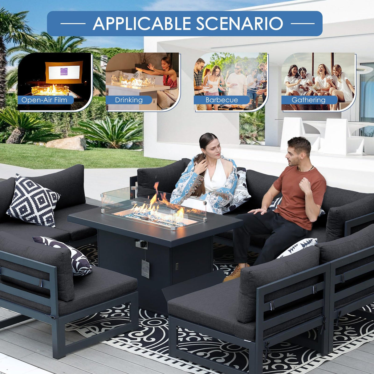 NICESOUL 5 Seat Oversized Modern Aluminum Patio Furniture Set, All Weather Rust Proof Modular Sectional Sofa with Fire Pit Table, 500 lbs Heavy Duty Comfortable Outdoor Couch for Backyard, Dark Gray NICESOUL