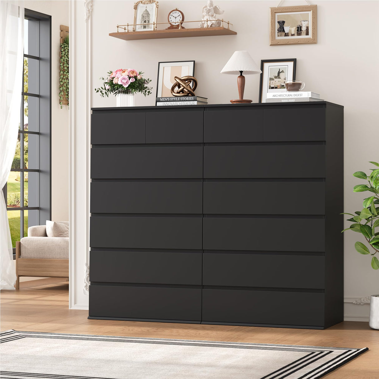 FOTOSOK 7 Drawer Dresser, Black Dresser Tall Dresser, 23.6W x 15.7D x 46.7H in Black Chest of Drawers with Large Storage Space for Home FOTOSOK