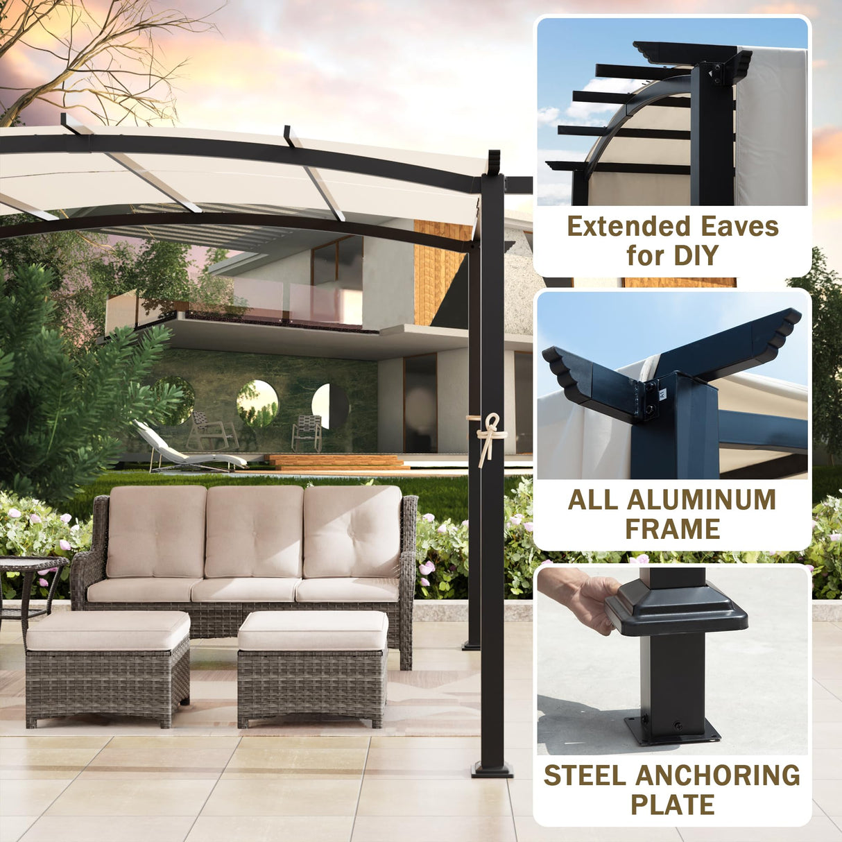 Meetleisure 10' x 10' Arched Top Outdoor Pergola, Pergola Canopy with with Adjustable and Retractable Canopy for Patio Use, Metal Pergola with Durable and Sturdy Frame & Water-Resistant Canopy, Beige MeetLeisure