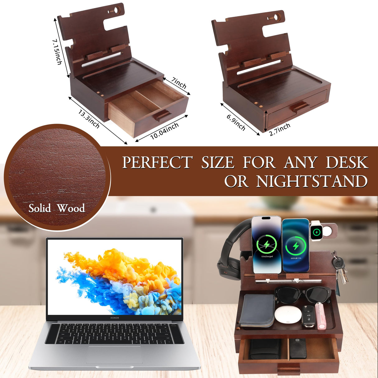 Gifts for Men Dad Women from Daughter Son Wife Wood Phone Docking Station with Drawer Nightstand Organizer for Men Dad Birthday Gifts for Him from Wife for Men Xgunion