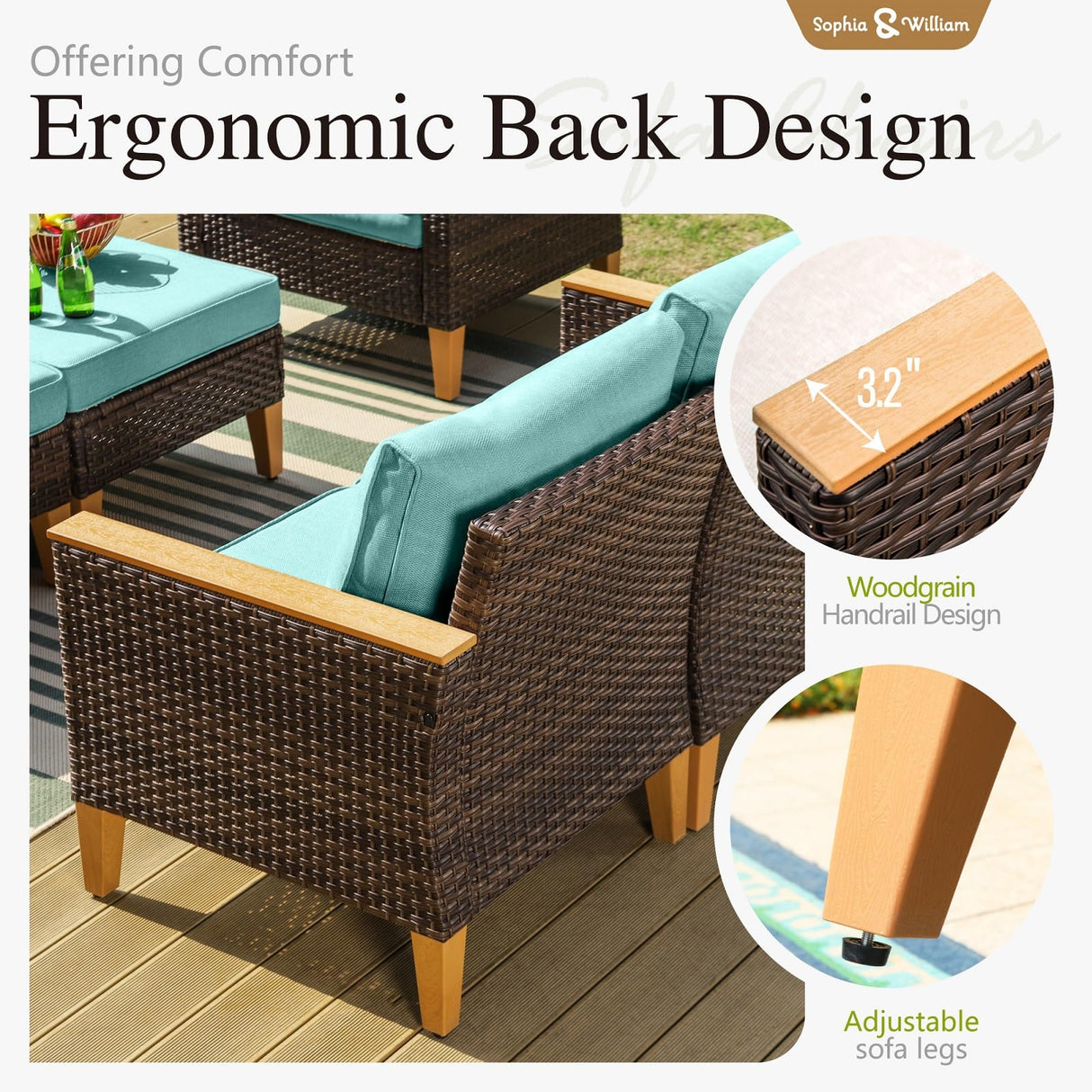 Sophia & William Patio Furniture Set 12 Piece Outdoor Wicker Furniture Sectional Sofa, Extra Large Patio Rattan Conversation Set with Ottoman for Backyard, Deck, Pool(Aqua Blue) Sophia & William