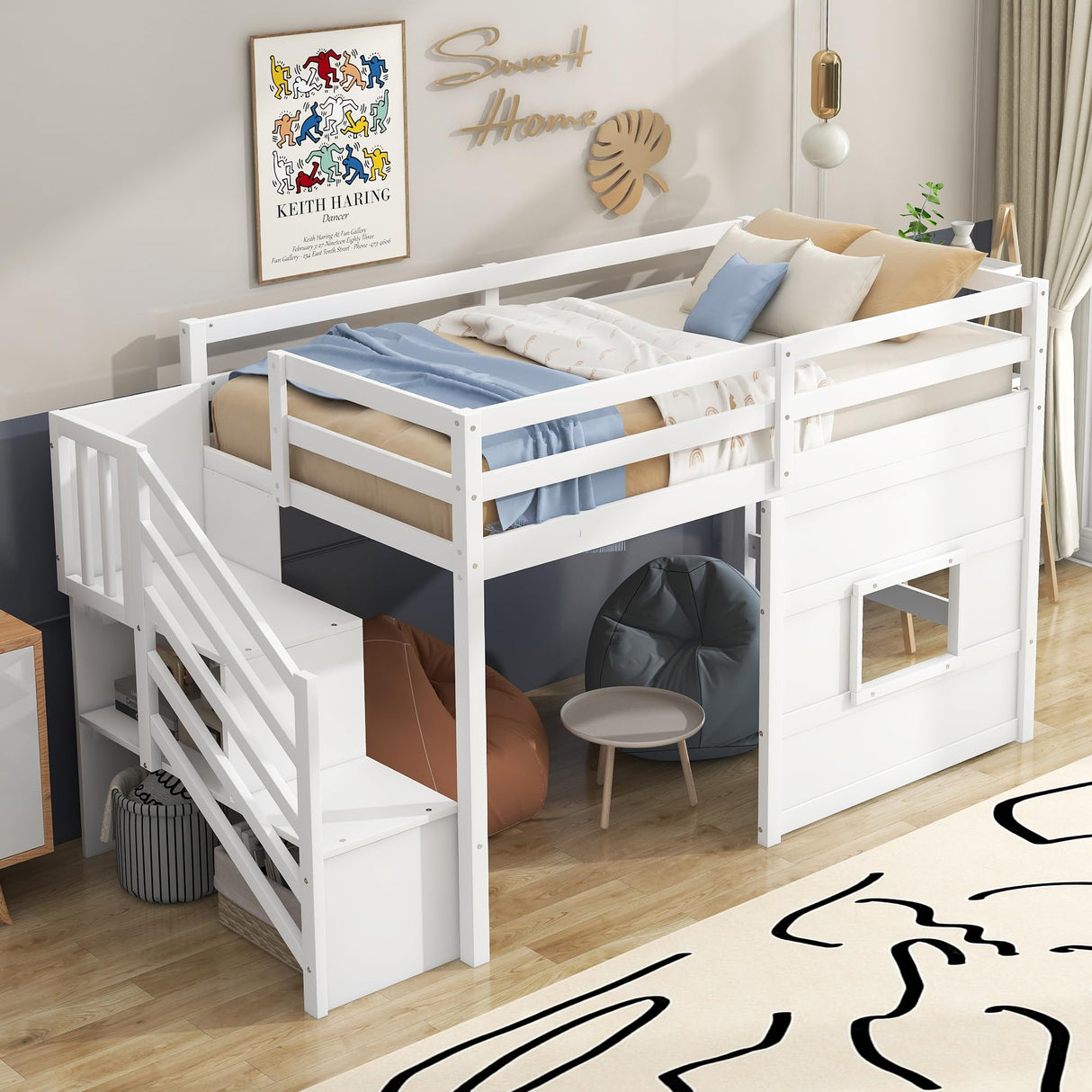 Merax Twin Loft Bed with Storage Staircase and Large Underbed Space for Teens, Boys, Girls, Solid Wood Bedframe & Full-Length Safety Guardrails for Bedroom, No Box Spring Needed, Easy Assembly, White Merax