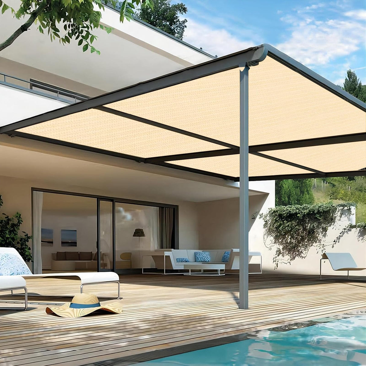 90% Sun Shade Cloth Shade Fabric with Grommets 10'x14' Shade Fabric Pergola Shade Cover Canopy Mesh Tarp Sun Screens for Outdoor Patio Garden (Beige) MAKUANG