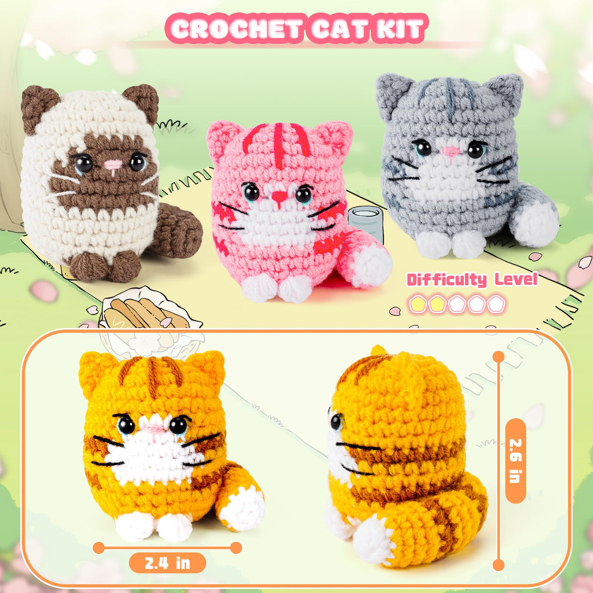 Crochet Kit for Beginners -4 PCS Cat Crochet Kit with Step-by-Step Video Tutorials, Learn to Crochet Kits for Adults and Kids, Beginner Crochet Kit for Adults, Crochet Cat Friends Set Fortuning's JDS