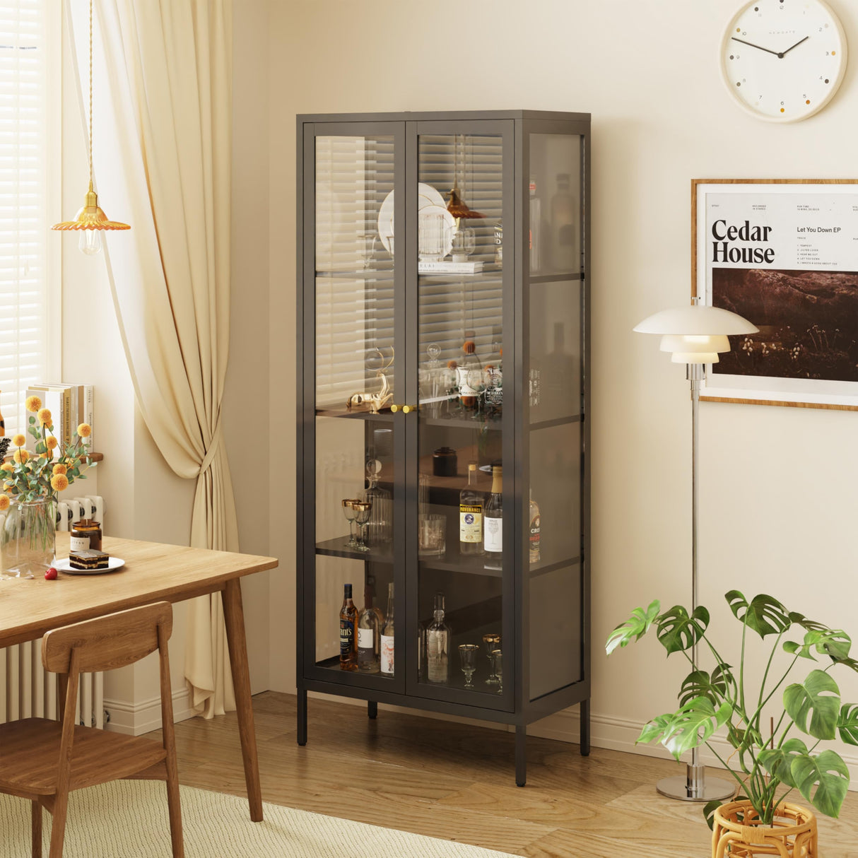 UNICOLY Glass Display Cabinet 4-Tier, Display Cabinet with Glass Doors, Curio Display Cabinet with Tempered Glass Doors,Metal Storage Cabinets for Living Room, Plant, Assembly Required, Black UNICOLY