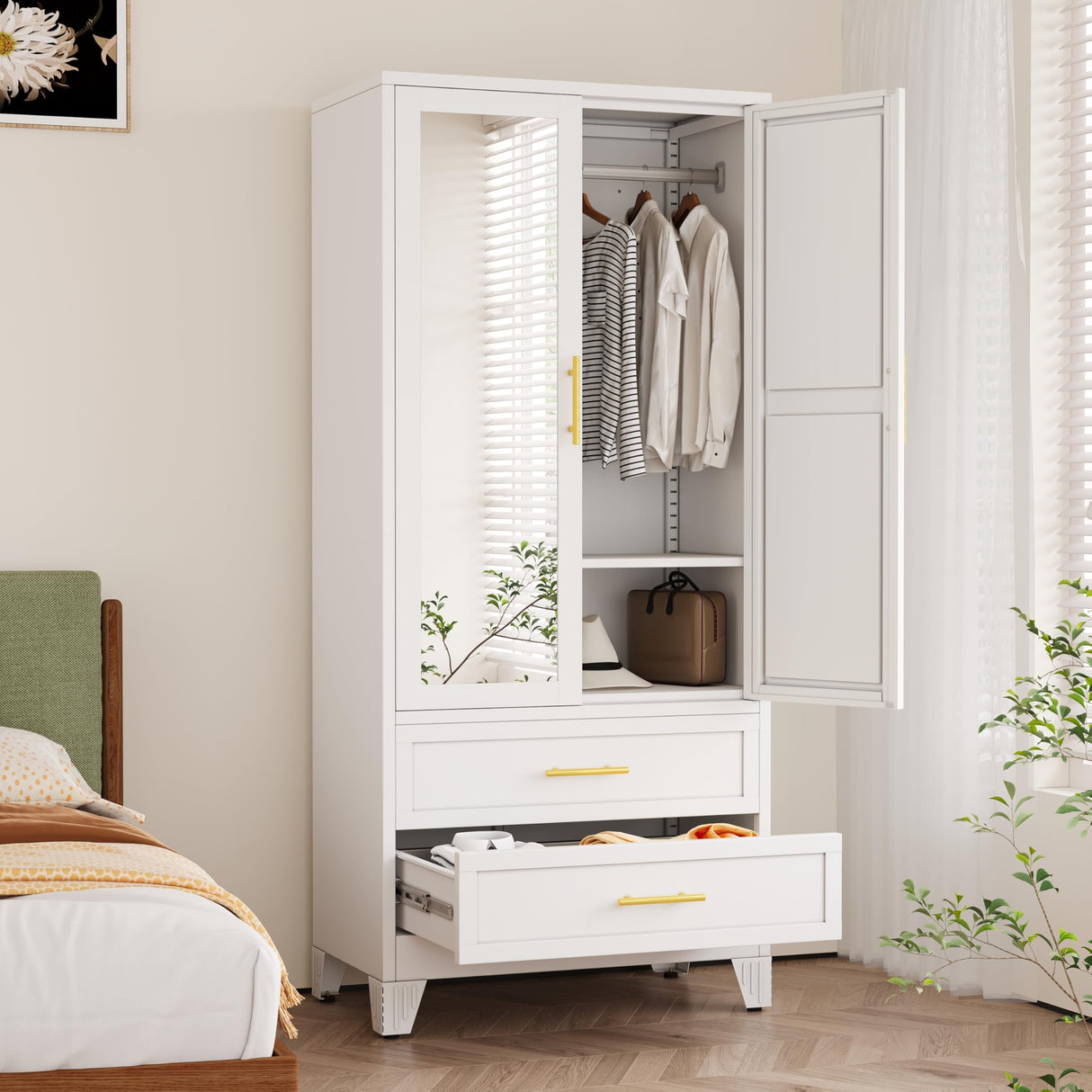 winiowa Metal Armoire Wardrobe Closet with 2 Drawers, 71" Wardrobe Cabinet with Adjustable Shelves and Hanging Rod, Clothing Storage Cabinet Closet with Mirror for Bedroom-White winiowa
