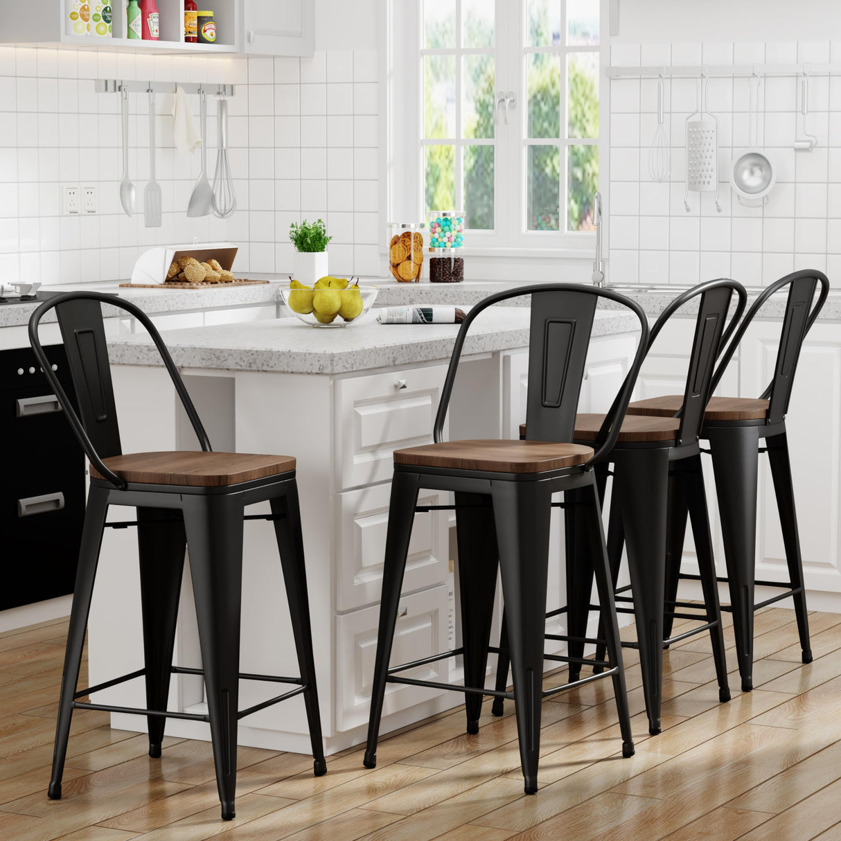 Yongqiang 26 inch Bar Stools Set of 4 High Back Metal Kitchen Counter Height Chairs Barstools with Wooden Seat Industrial Matte Black Yongqiang