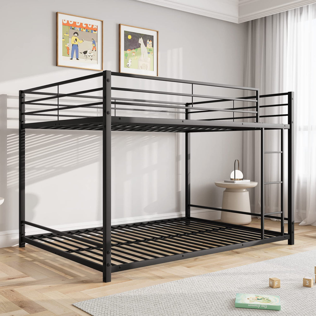 Full Over Full Bunk Beds, Metal Heavy Duty Full Size Bunk Beds for Kids, Full Size Bed Frmae for Boys and Girls,Loft Bed with Ladder and Guardrail for Small Spaces (Black) FOUBAM