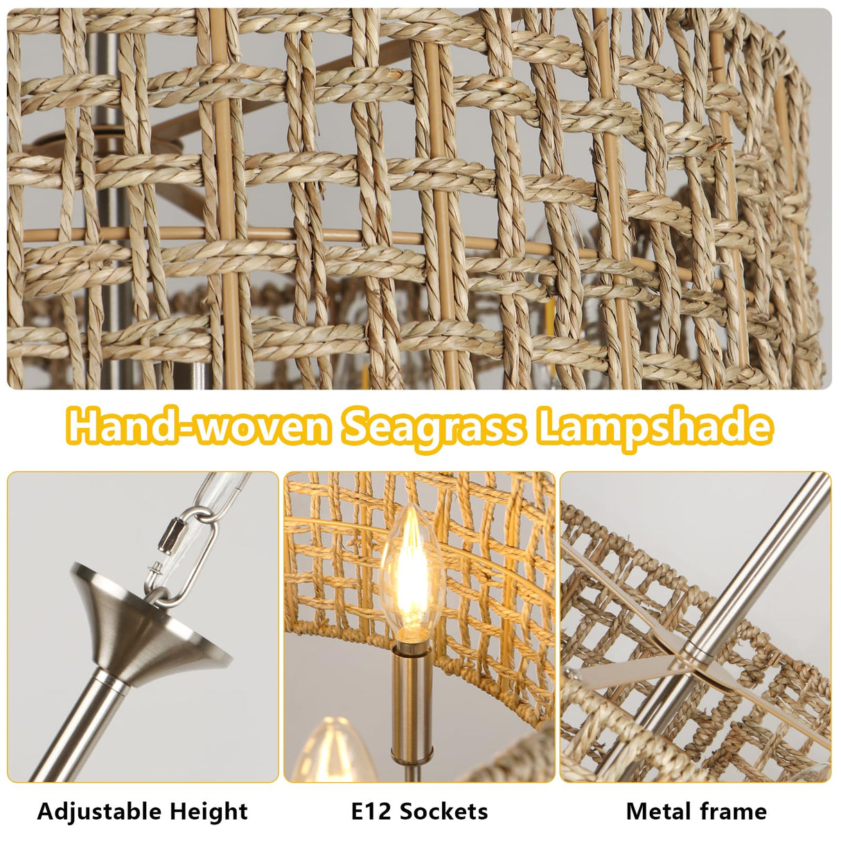 LynPon 17.7" Brushed Nickel Boho Rattan Chandeliers for Dining Room, 6-Light Seagrass Pendant Light Fixtures with Hand Woven Wicker Shade, Farmhouse Drum Chandelier for Living Room Kitchen Hallway LynPon