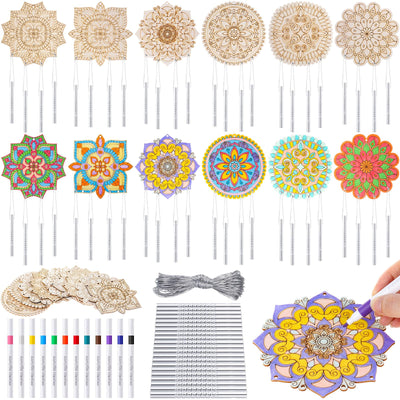 Potchen 18 Sets Mandala Wind Chimes Craft Art Kit for Adult Color Your Own Wind Chime DIY Unfinished Wood Hanging Ornaments Coloring Window Chime for Adult Gifts Home and Party Supplies