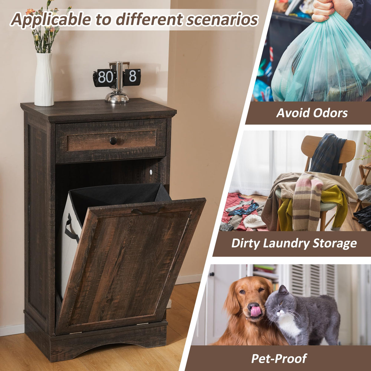 OUTGUAVA 13 Gallons Tilt Out Trash Cabinet Freestanding Kitchen Trash Bin Cabinet Wood Garbage Recycling Cabinet with Hideaway Drawer Pet Proof Trash Can Holder for Kitchen Living Room, Rustic Brown OUTGUAVA