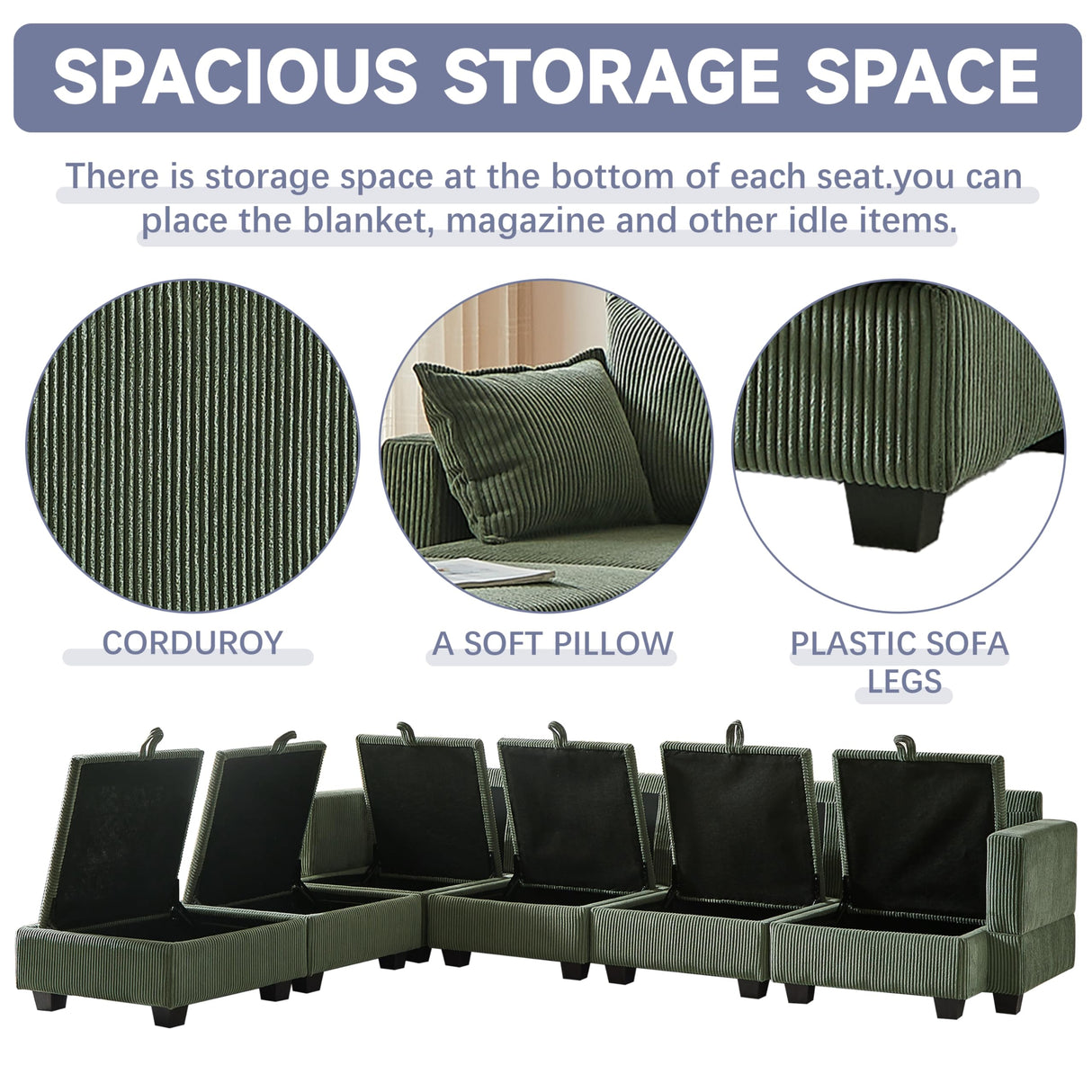 KEIKI 113.5" Modular Sectiona Corduroy Sofa Storage Ottoman, 6 Seat Sectional U Shaped Couches for Living Room Bedroom Office Apartment, Green KEIKI